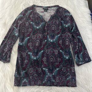 Lucky Brand womens purple green paisley shirt v neck S henley